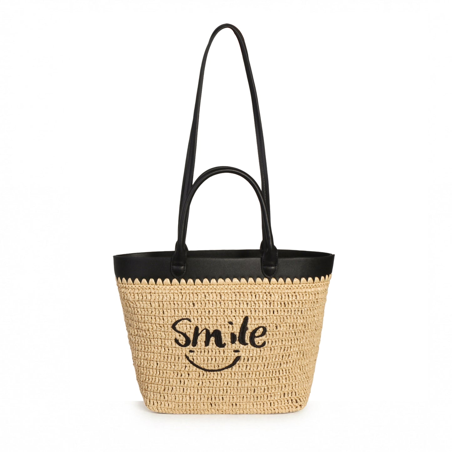 Eiyye Straw Tote Bag for Women – Handwoven Beach Bag with Smile Embroidery