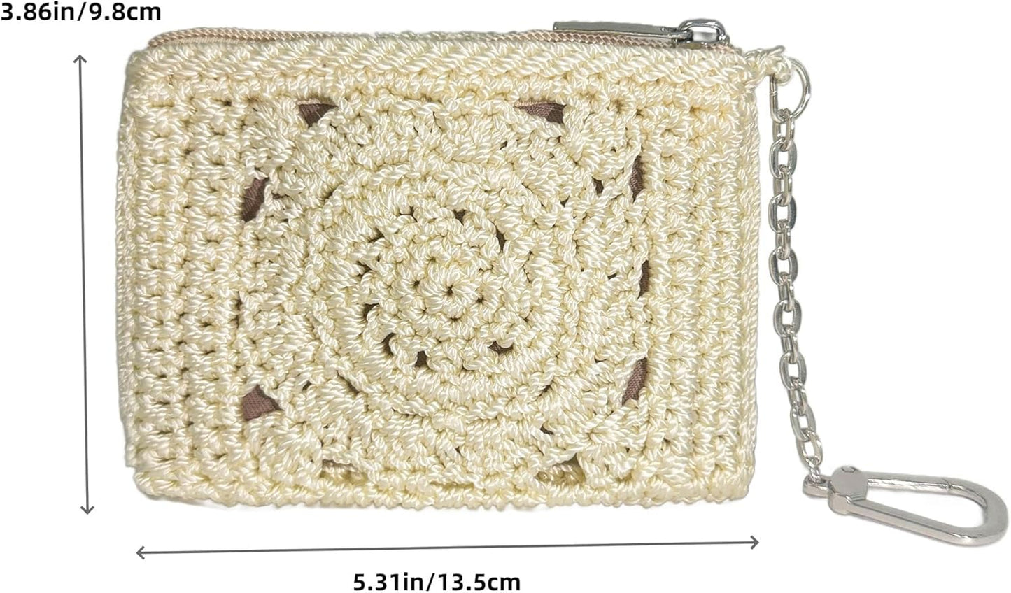 Eiyye Card Holder Wallet Handmade Crochet Small Wallet with Zipper Credit Card Holder for Coin Cards & Driver's License (Khaki)