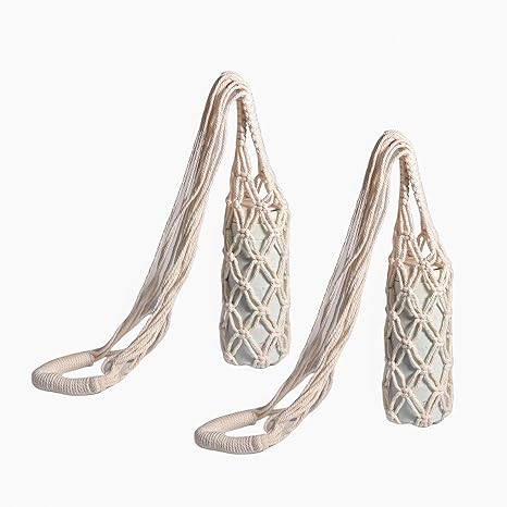 Eiyye 2-Pieces Macrame Bottle Holder Cotton Woven Wine Carrier Fits 3.5" Diameter Bottles Drink Tote Bag for Water, Wine, Cans