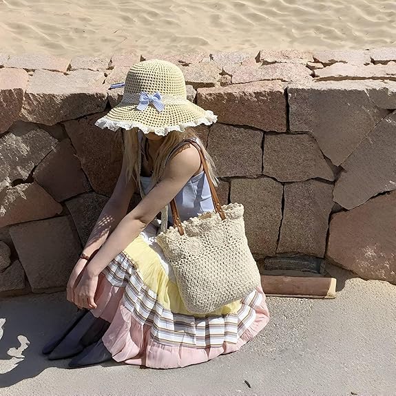 Eiyye Crochet Tote Bag Handwoven Cotton Beach Shoulder Bag with Linen Lining Hobo Summer Vacation Purse for Women