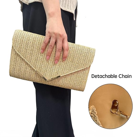 Eiyye Straw Clutch for Women Woven Rattan Evening Purse with Chain Strap Boho Clutch Handbag for Wedding Party Vacation