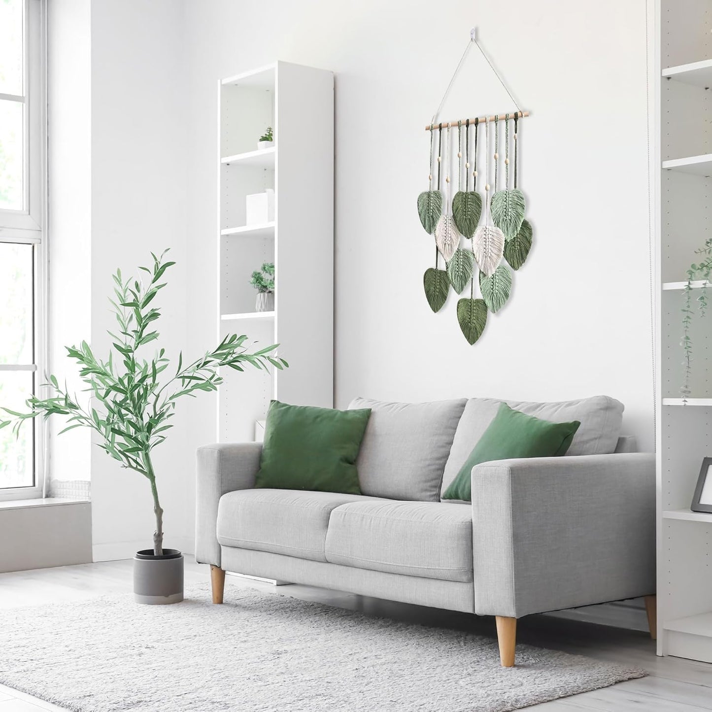 Eiyye Macrame Leaf Tapestry Wall Hanging Boho Cotton Woven Decor for Living Room Bedroom Nursery Apartment Aesthetic Green Wall Art 35.43in (Light Green)