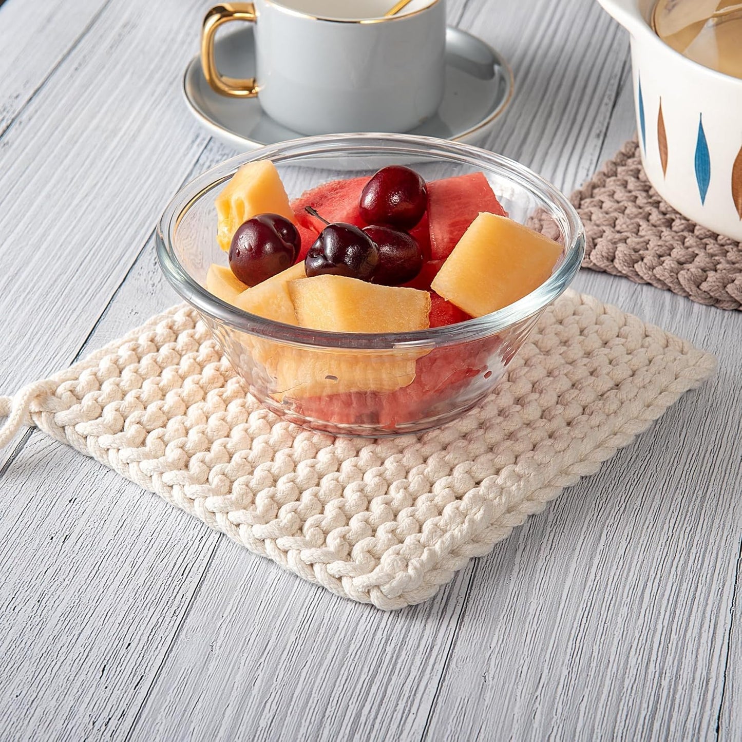 Eiyye Thick Crocheted Pot Holders, Handmade Hot Pads Crocheted Trivets for Kitchen hot Dishes(2-Pack), 8"x8" (White and Taupe)