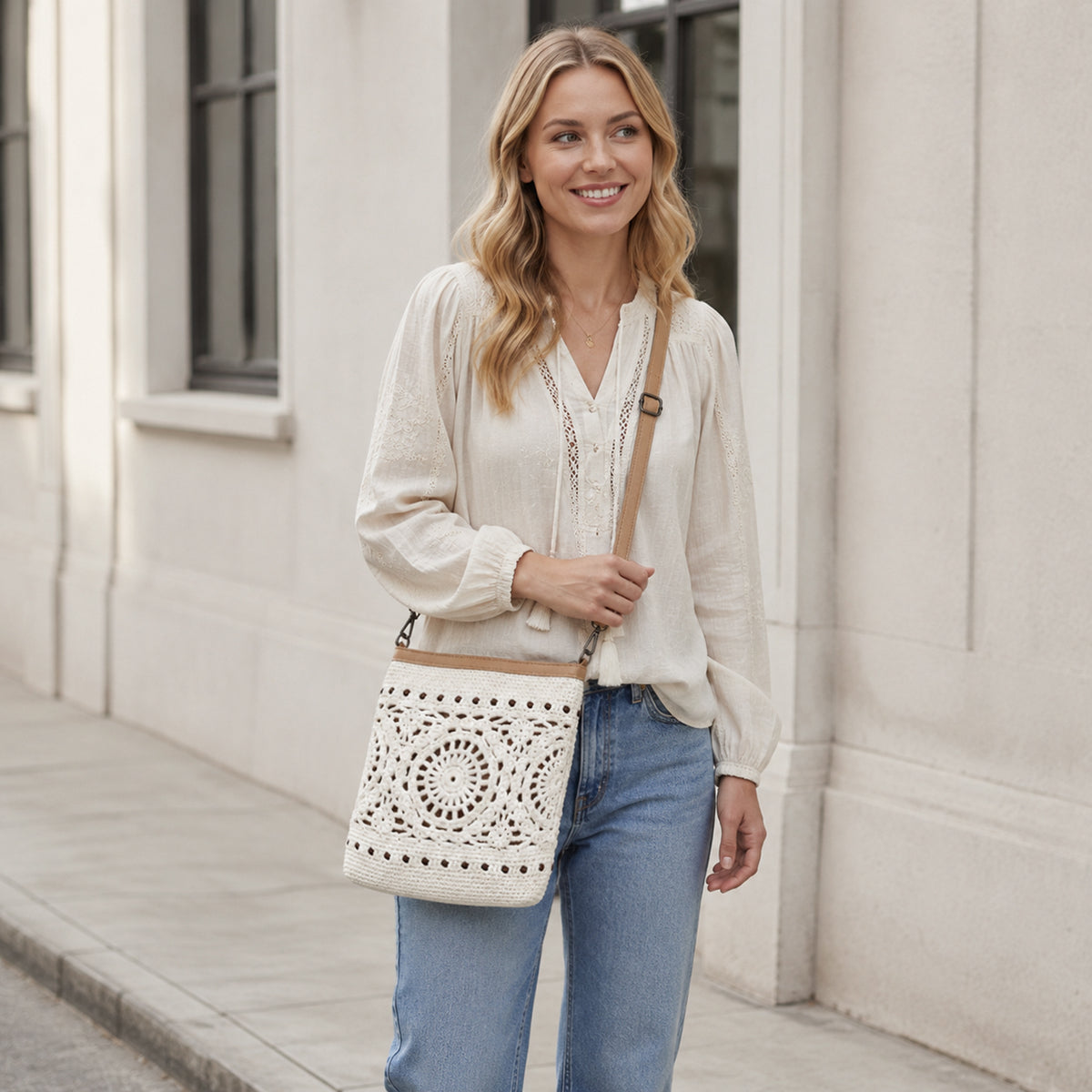Off White Crochet Shoulder Bag worn on the shoulder in a street setting, showing its cotton crochet texture and boho everyday style