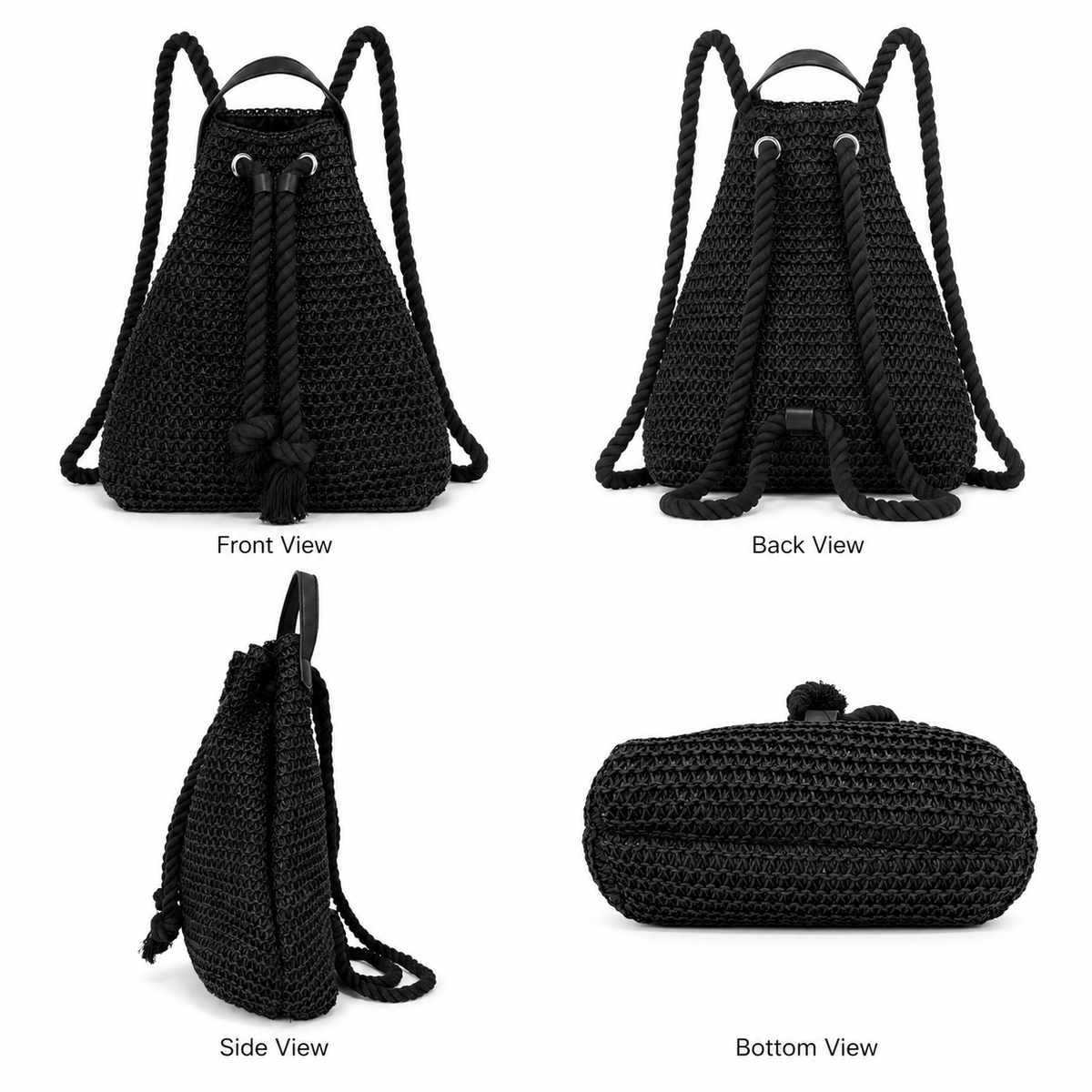 Eiyye Woven Straw Backpack Full View Featuring Natural Woven Structure, Drawstring Closure, and Adjustable Straps