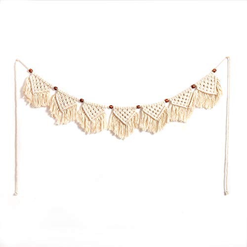 Eiyye Boho Macrame Tassel Garland, 7-Flag Handmade Cotton Wall Hanging (Beige)