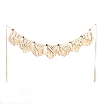 Eiyye Boho Macrame Tassel Garland, 7-Flag Handmade Cotton Wall Hanging (Beige)