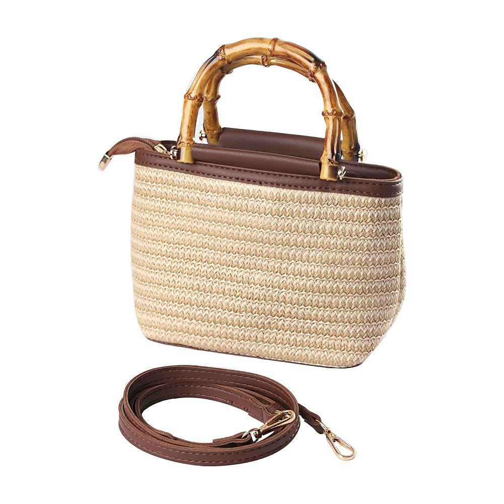 Small straw crossbody bag with bamboo handle, front view