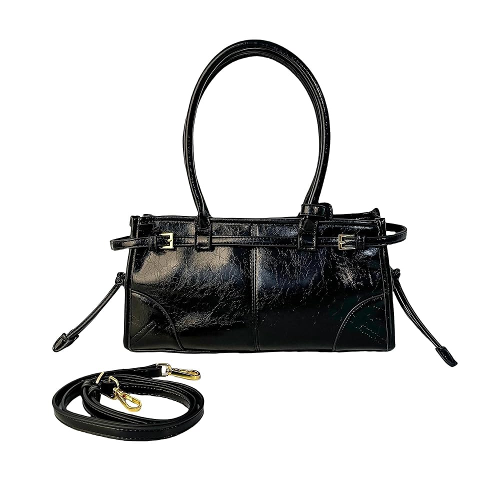 Sleek leather underarm baguette with top handles, front view