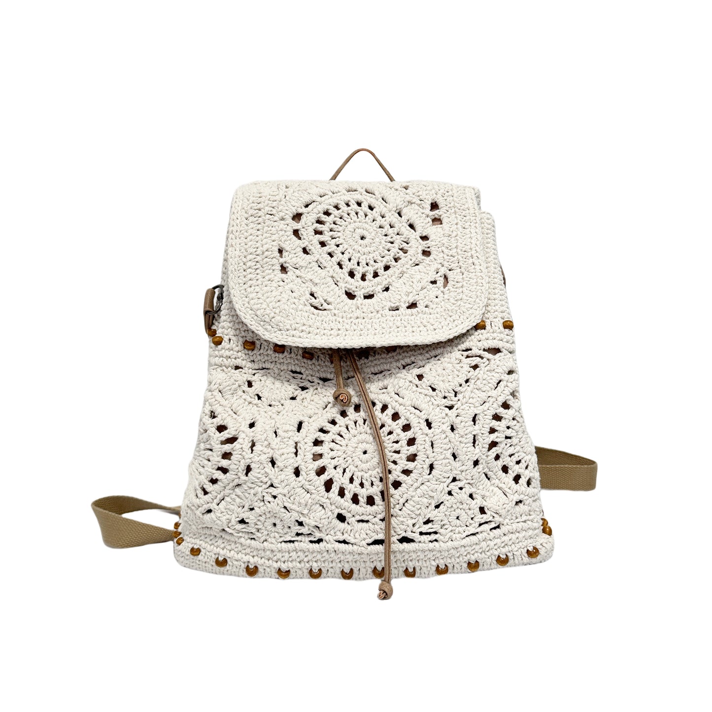 Eiyye handmade cotton crochet backpack with drawstring flap and adjustable straps