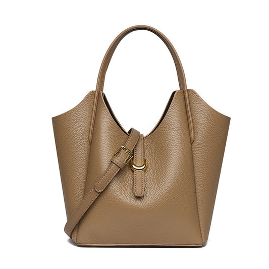 Eiyye genuine leather bucket bag with top handle, front view