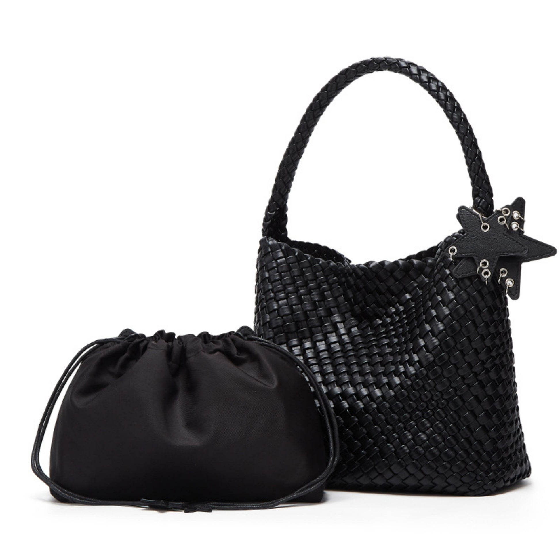 Black woven PU leather tote bag with detachable inner pouch