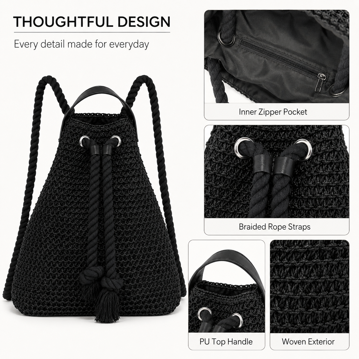 Eiyye Woven Straw Backpack for Women Men – Lightweight Paper Rope Drawstring Backpack Purse with Adjustable Shoulder Straps