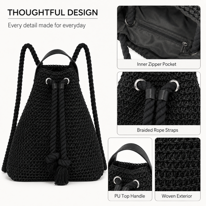 Eiyye Woven Straw Backpack for Women Men – Lightweight Paper Rope Drawstring Backpack Purse with Adjustable Shoulder Straps