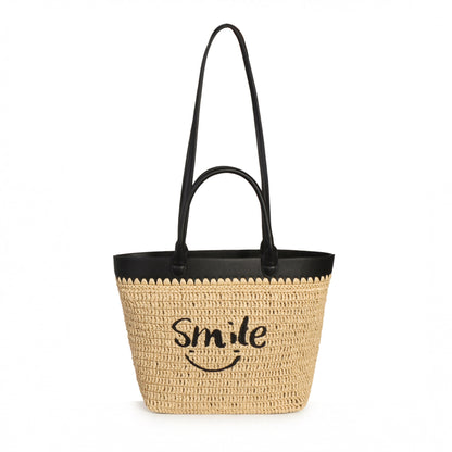 Eiyye Straw Tote Bag for Women – Handwoven Beach Bag with Smile Embroidery