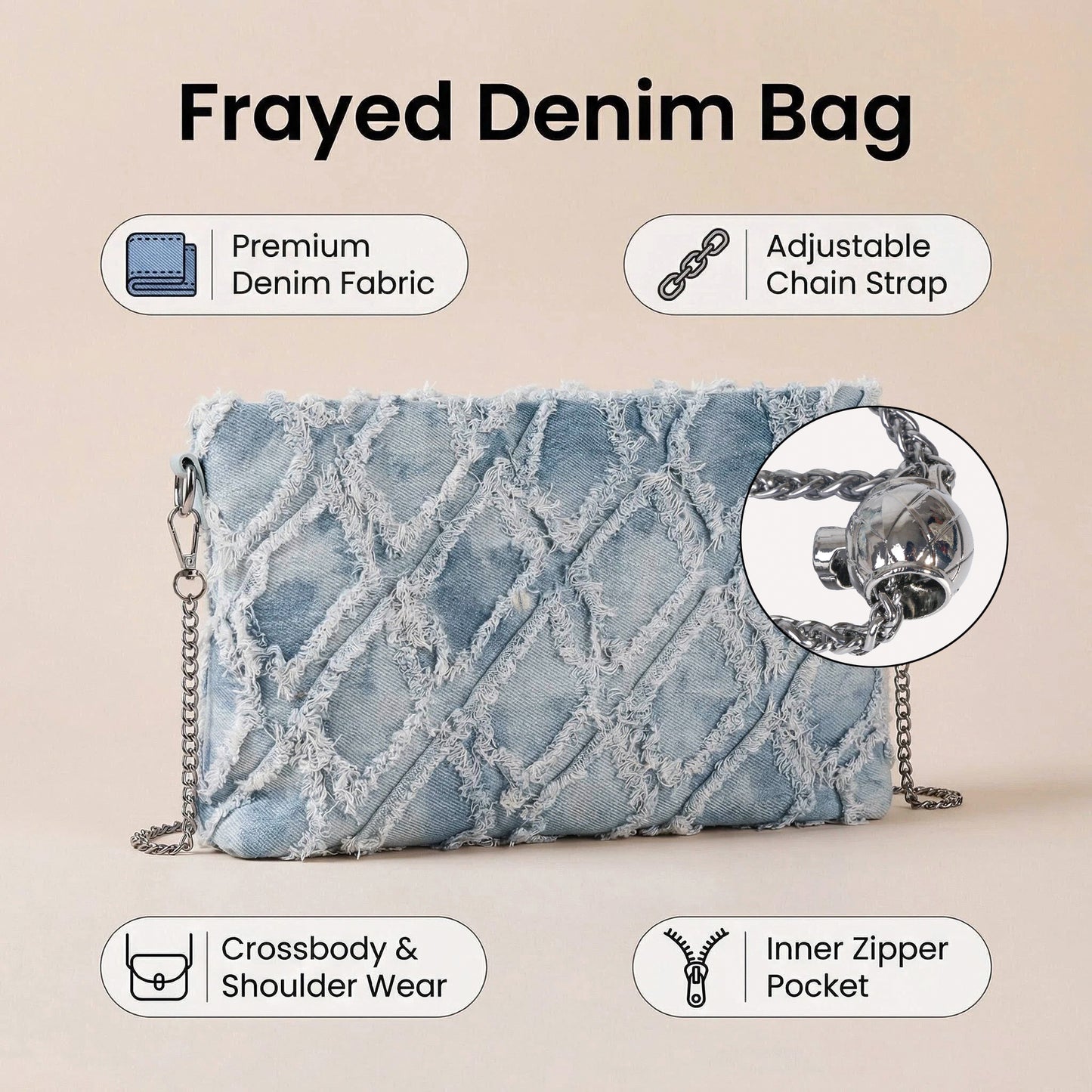 Eiyye Metal chain strap with spring toggle adjustment on denim purse