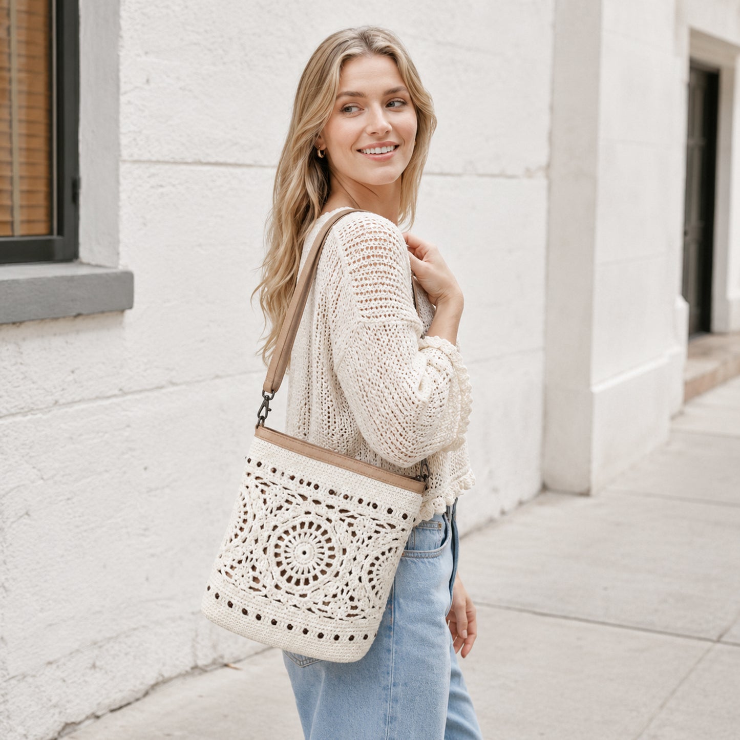 Eiyye Handmade Crochet Purse Shoulder Bag for Women Cotton Crossbody Purse with Adjustable Strap Boho Tote Bag for Everyday Outfits