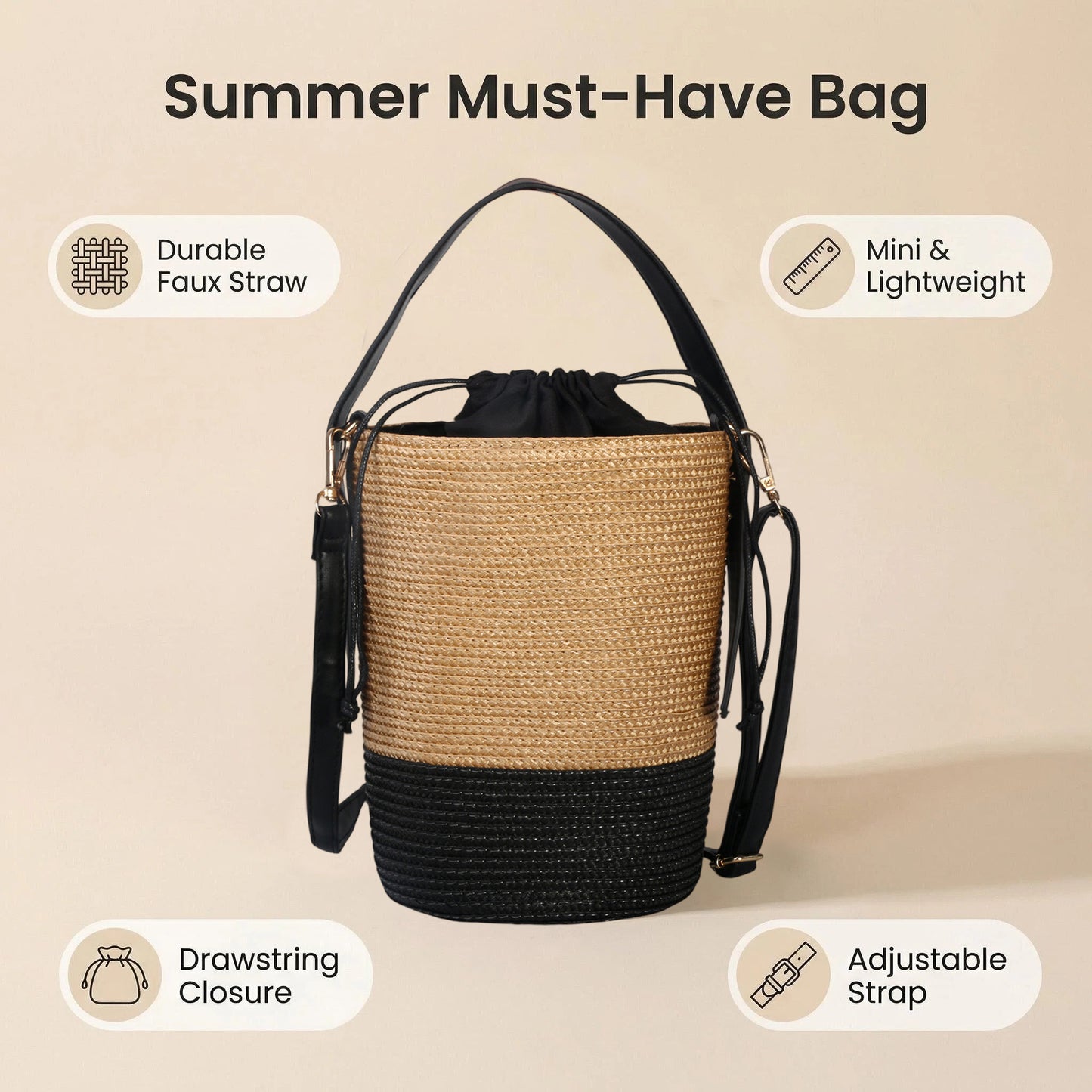 Mini woven bucket bag for women with drawstring closure