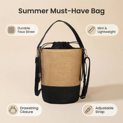 Mini woven bucket bag for women with drawstring closure