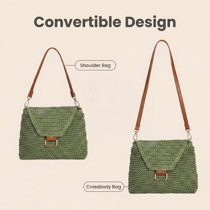 Eiyye Woven Straw Shoulder Bag for Women Crochet Boho Handbag with Zipper Closure & 2 Straps Lightweight Summer Beach Tote Purse for Travel Daily Use