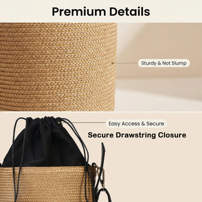 Drawstring closure detail on woven bucket purse