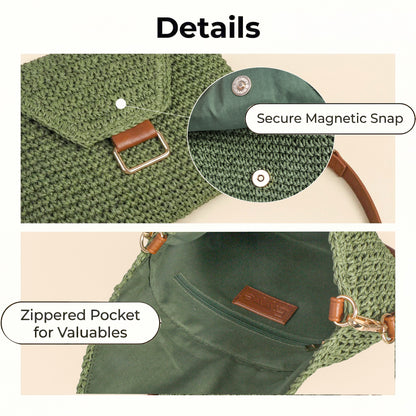Eiyye Woven Straw Shoulder Bag for Women Crochet Boho Handbag with Zipper Closure & 2 Straps Lightweight Summer Beach Tote Purse for Travel Daily Use