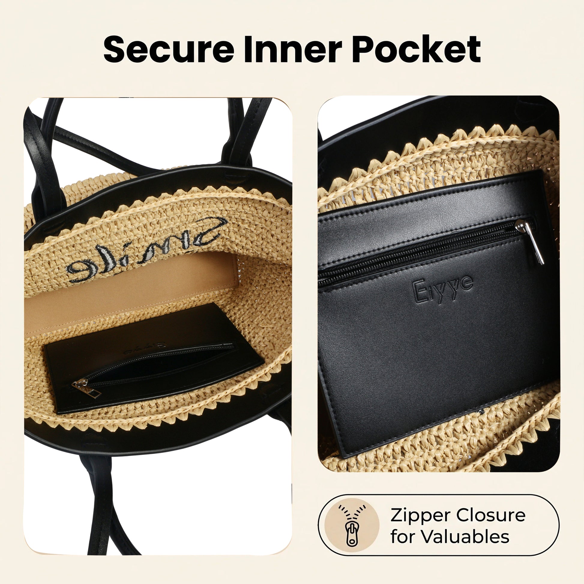 Interior faux leather pocket inside straw tote bag