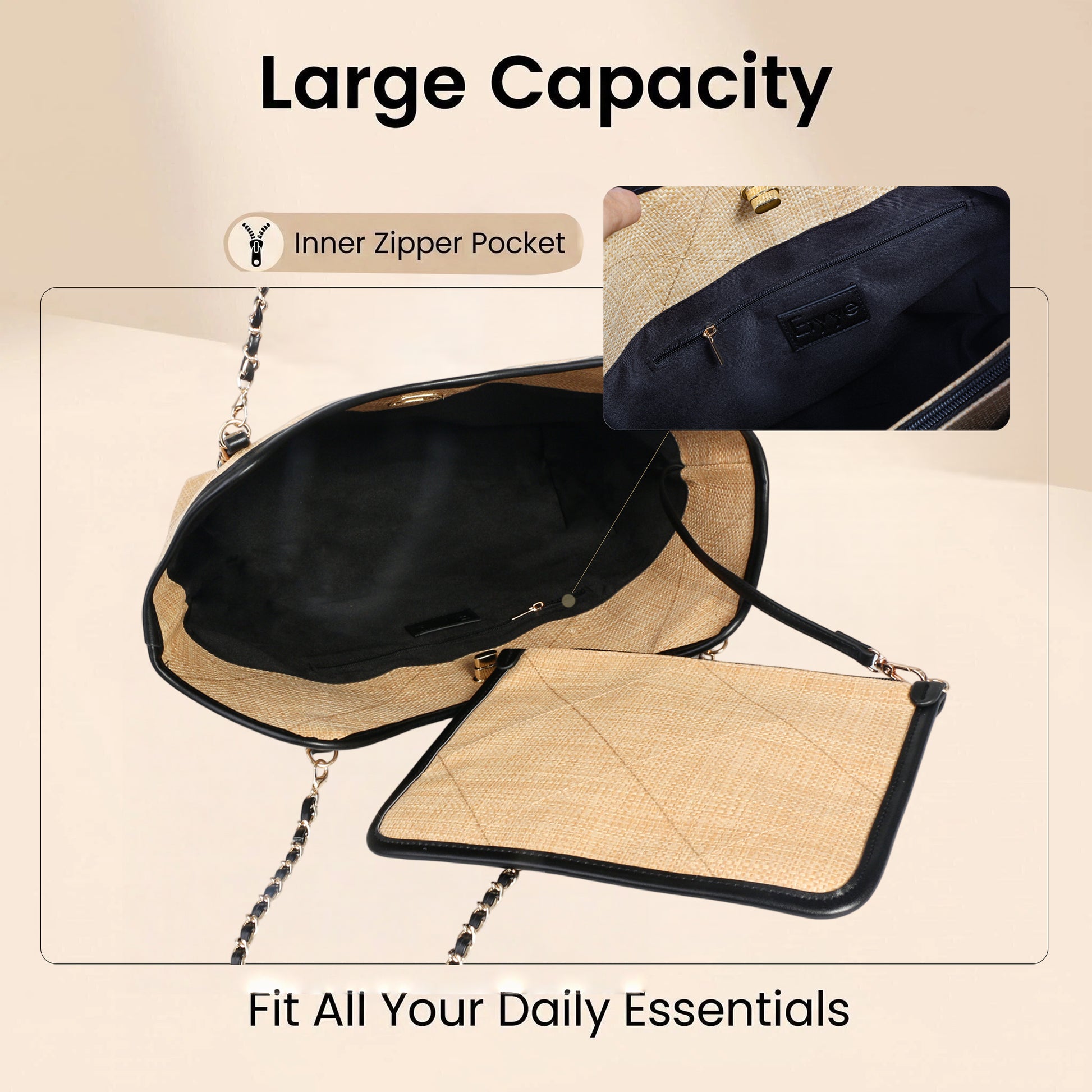 Spacious straw tote bag fits iPad water bottle towel and daily essentials