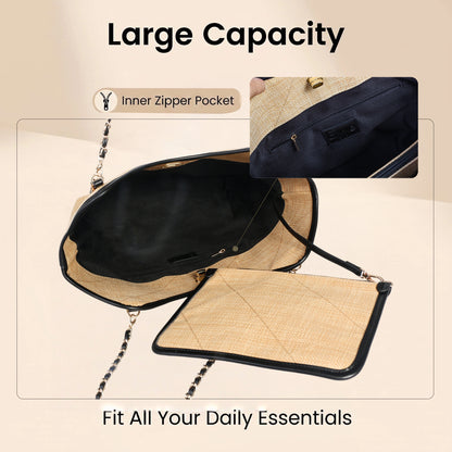Spacious straw tote bag fits iPad water bottle towel and daily essentials