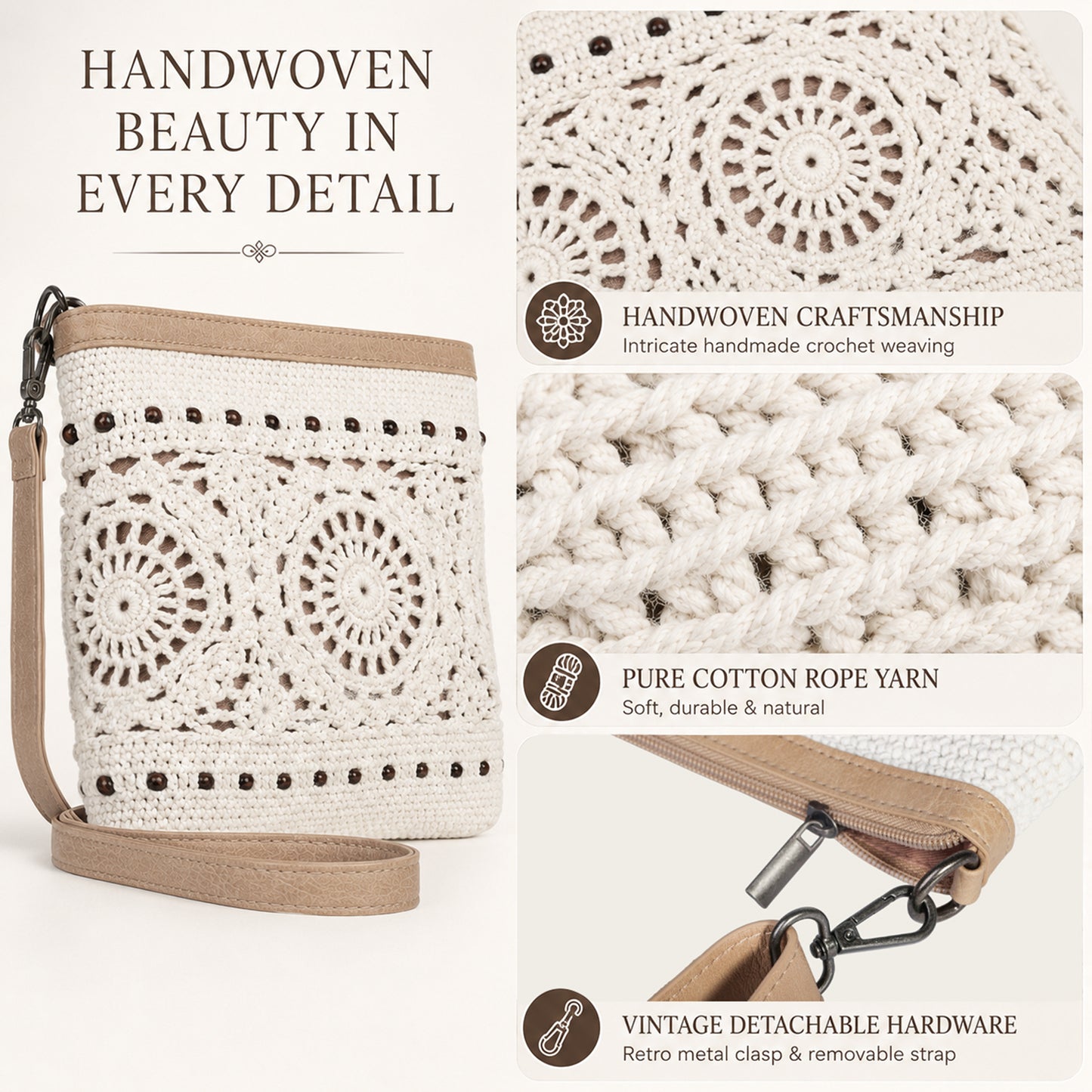 Eiyye Handmade Crochet Purse Shoulder Bag for Women Cotton Crossbody Purse with Adjustable Strap Boho Tote Bag for Everyday Outfits