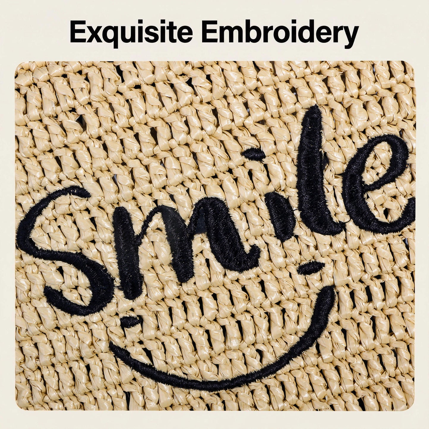 Smile embroidery design on handwoven tote bag