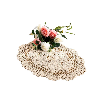 Eiyye 2-Pieces Handmade Cotton Crochet Doilies Oval Lace Table Placemats 12 x17inch, Beige