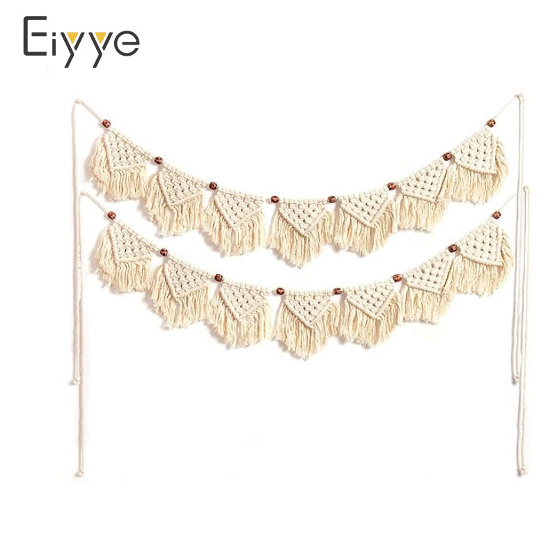 Eiyye Boho Macrame Tassel Garland, 7-Flag Handmade Cotton Wall Hanging (Beige)