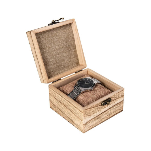 Rustic tung wood keepsake box with lid, tabletop view