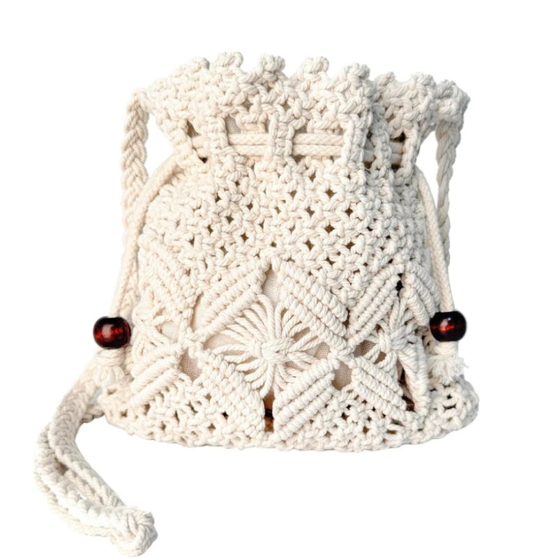 Handmade crochet crossbody bag with drawstring, front view