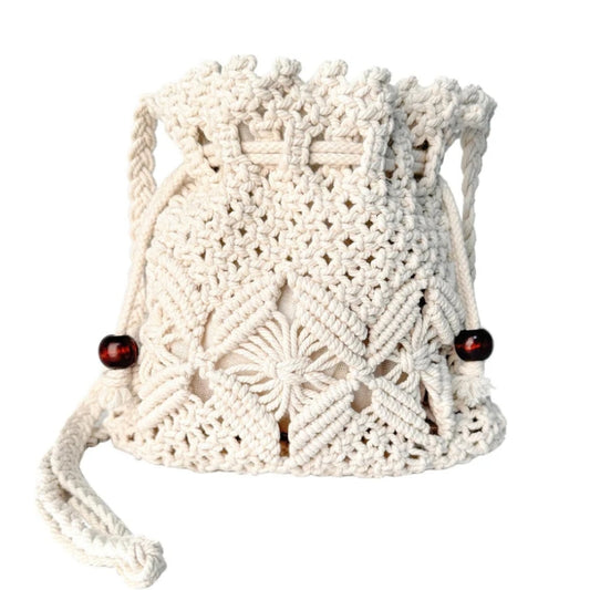 Handmade crochet crossbody bag with drawstring, front view