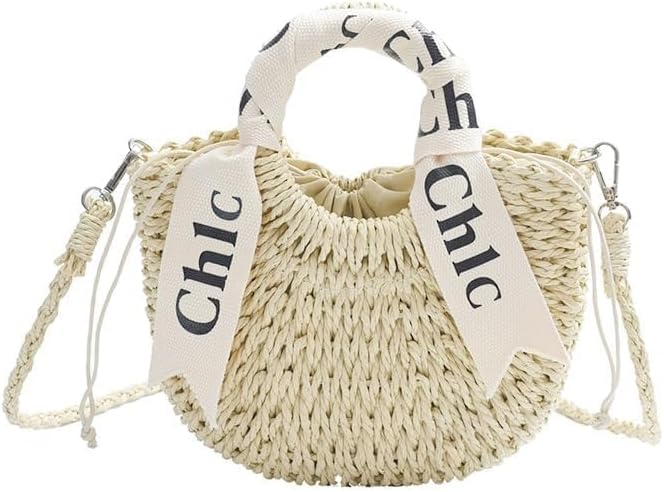 Beige woven straw shoulder handbag with drawstring, front view