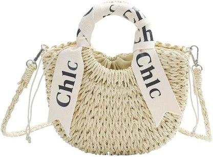 Beige woven straw shoulder handbag with drawstring, front view