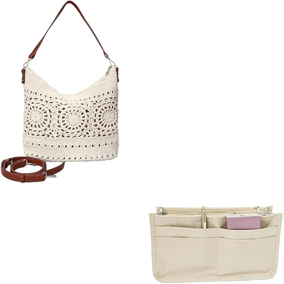 Eiyye Boho Crochet Shoulder Bag with Purse Organizer Insert Handwoven Cotton Crossbody Bag with Inner Storage Insert, Adjustable Strap, Ideal for Travel and Daily Use