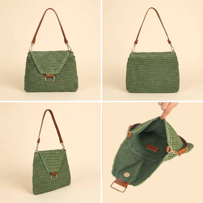 Eiyye Woven Straw Shoulder Bag for Women Crochet Boho Handbag with Zipper Closure & 2 Straps Lightweight Summer Beach Tote Purse for Travel Daily Use