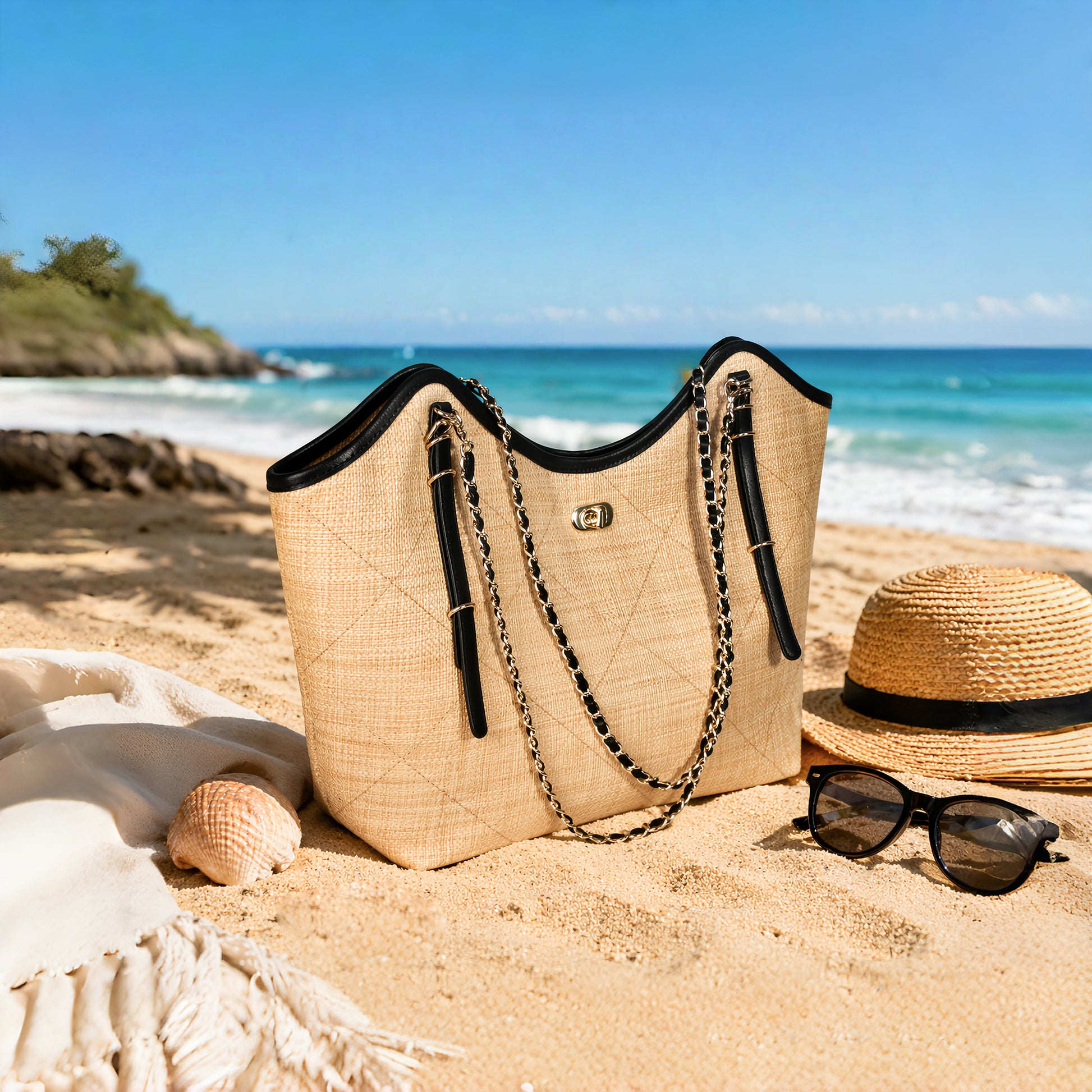 Large woven beach tote bag for vacation and summer travel