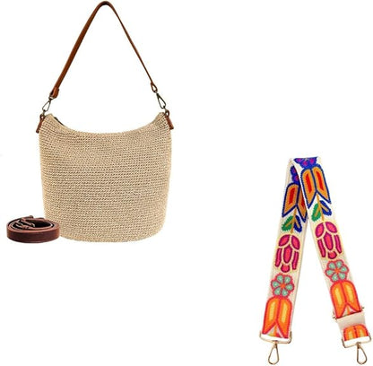 Eiyye Shoulder Bag with Colorful Adjustable Strap Minimalist Woven Hobo Bag with Interchangeable Boho Ethnic Strap for Daily and Travel Use