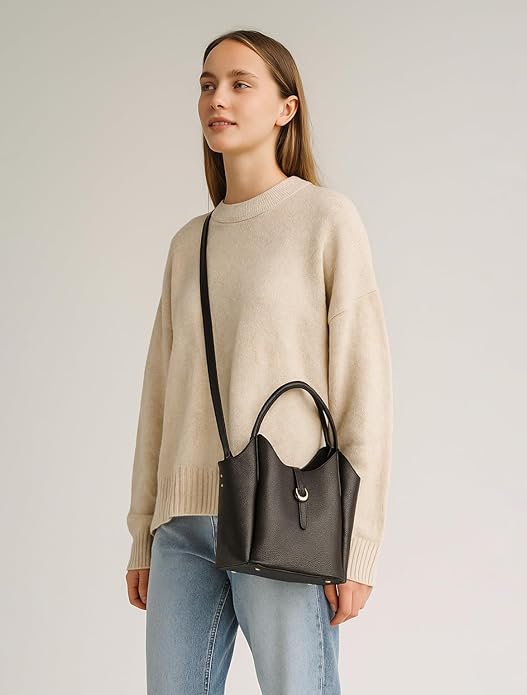 Lifestyle—leather bucket bag styled with a blazer
