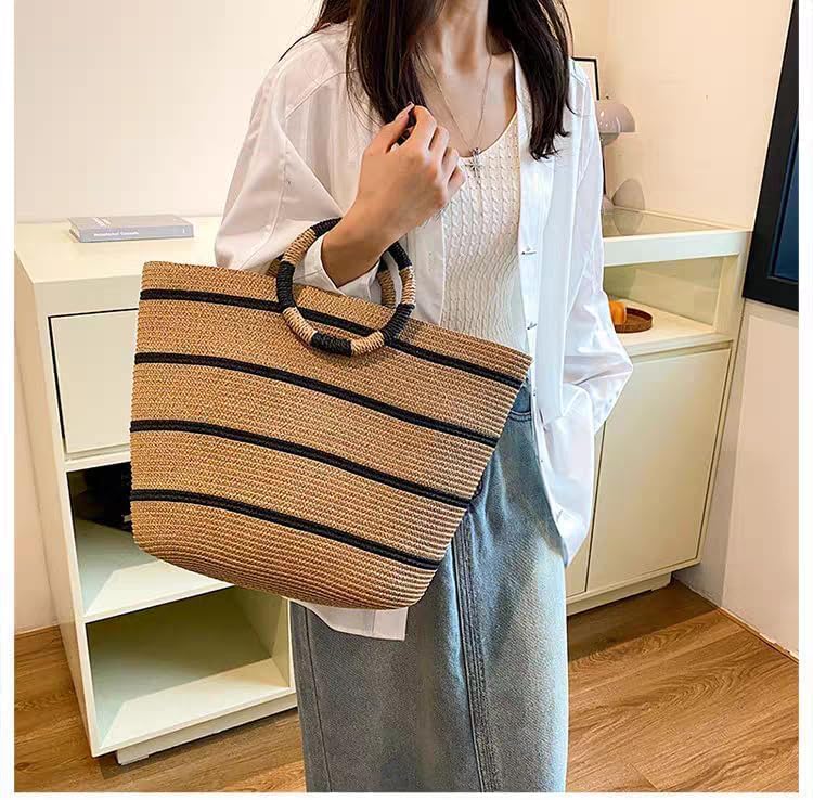 Eiyye Large Woven Tote Bag for women Straw Tote Bag Woven Stripe Handbag Travel Vacation Purse for Shopping Picnic Work