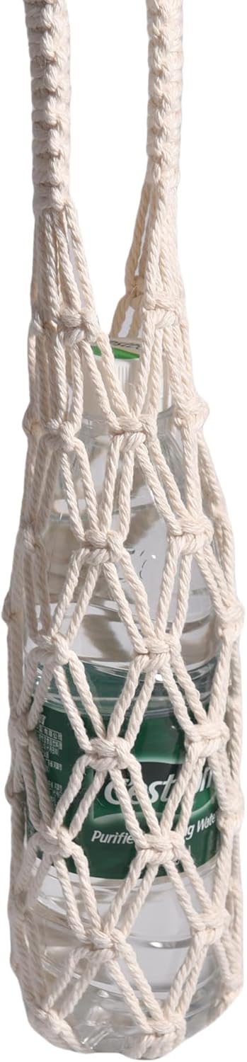Eiyye 2-Pieces Macrame Bottle Holder Cotton Woven Wine Carrier Fits 3.5" Diameter Bottles Drink Tote Bag for Water, Wine, Cans