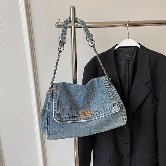 Eiyye Denim Purse for Women Vintage Jean Crossbody Purse with Chain Strap & Turn-Lock Flap Casual Hobo Style