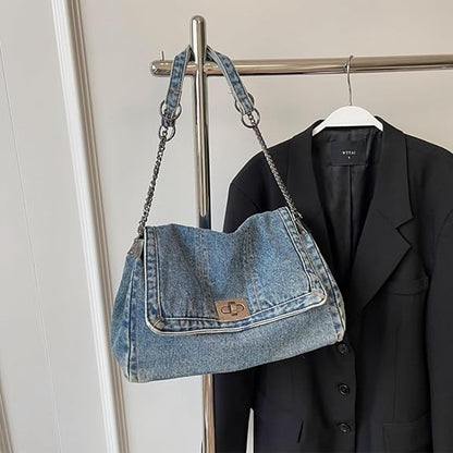 Eiyye Denim Purse for Women Vintage Jean Crossbody Purse with Chain Strap & Turn-Lock Flap Casual Hobo Style