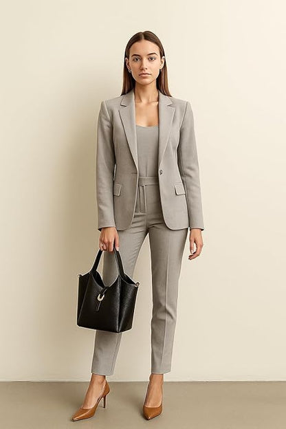 Lifestyle—leather bucket bag styled with a blazer