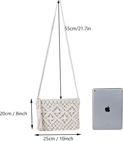 Eiyye Handmade Crochet Crossbody Bag – Cotton Rope Boho Purse with Zipper (10" × 8")