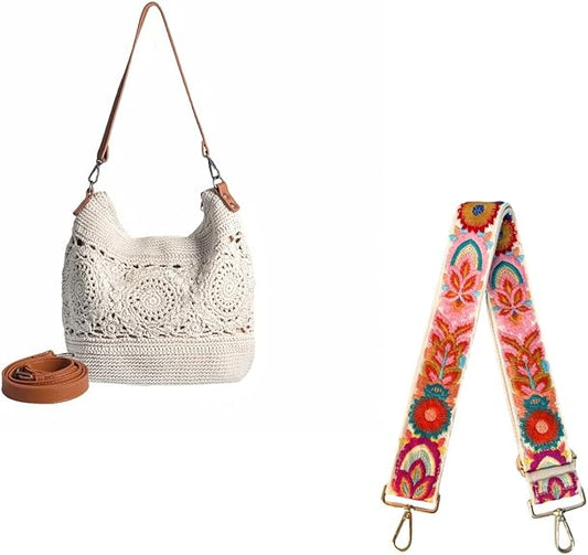 Eiyye Boho Crochet Shoulder Bag with Colorful Adjustable Strap Handwoven Cotton Purse with Interchangeable Boho Strap for Crossbody or Shoulder Wear